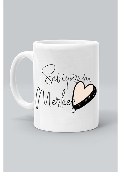 Seviyorum Merkez Kalp Tasarım Baskılı Beyaz Klasik Kupa Bardak