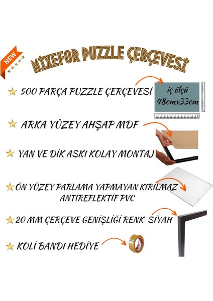 Puzzle Çerçevesi 260 Parça ve 500 Parça 48 cm x 33 cm Renk Siyah Ön Yüzey Kırılmaz Antireflektif