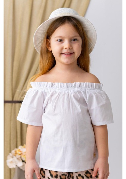 Fiyonk Detaylı Leopar Desenli Kız çocuk takım - Beyaz