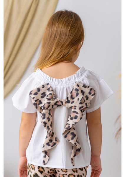 Fiyonk Detaylı Leopar Desenli Kız çocuk takım - Beyaz fiyatları