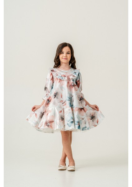 Kız Çocuk Çiçek Desenli Kristal Kolye Detaylı Abiye Elbise