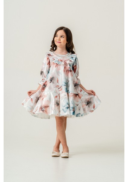 Kız Çocuk Çiçek Desenli Kristal Kolye Detaylı Abiye Elbise fiyatları