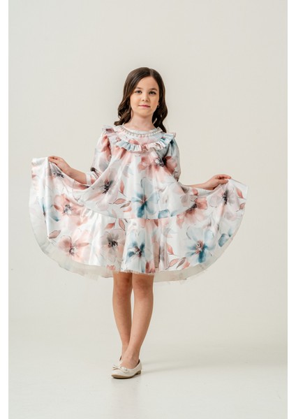 Kız Çocuk Çiçek Desenli Kristal Kolye Detaylı Abiye Elbise fırsatları