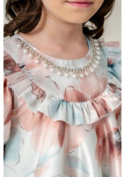 Kız Çocuk Çiçek Desenli Kristal Kolye Detaylı Abiye Elbise indirimleri