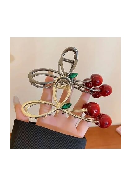 Kiraz Tasarımlı 🍒 Yeşil Zümrüt Taşlı Şık Sağlam Metal Büyük Mandal Toka fiyatları