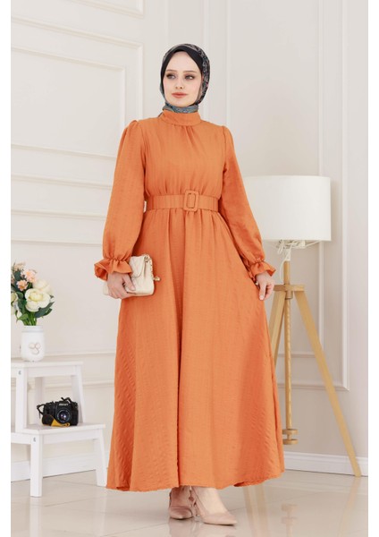 Kolu Volanlı Kemerli Henna Elbise-Turuncu