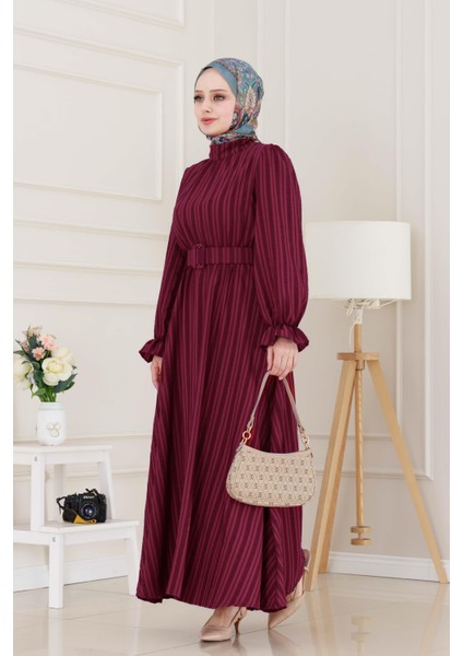 Kolu Volanlı Kemerli Henna Elbise-Bordo modelleri