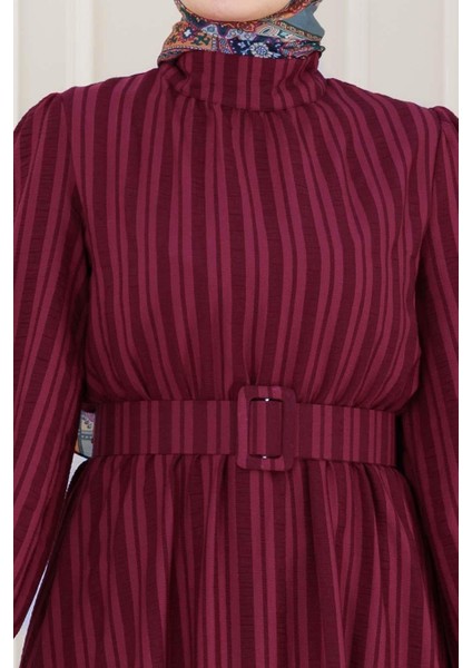 Kolu Volanlı Kemerli Henna Elbise-Bordo fırsatları