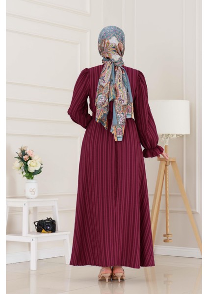 Kolu Volanlı Kemerli Henna Elbise-Bordo indirimleri