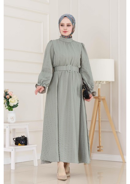 Kolu Volanlı Kemerli Henna Elbise-Mint Yeşili