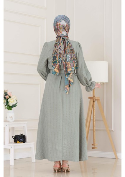 Kolu Volanlı Kemerli Henna Elbise-Mint Yeşili