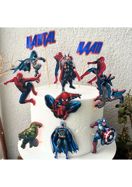 Avengers Süper Kahramanlar Temalı Erkek Çocuk Doğum Günü Isme Özel 3D Çubuklu Pasta Parti Süsü Seti