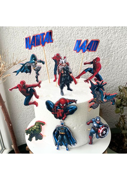 Avengers Süper Kahramanlar Temalı Erkek Çocuk Doğum Günü Isme Özel 3D Çubuklu Pasta Parti Süsü Seti