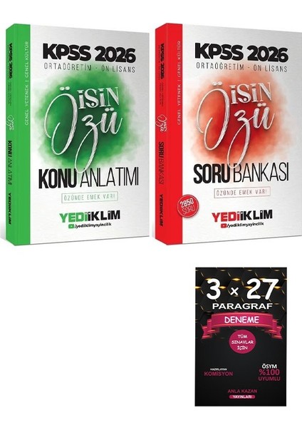 Yediiklim 2026 Kpss Lise Ortaöğretim Ön Lisans Işin Özü Konu + Soru Bankası 2 Li Set