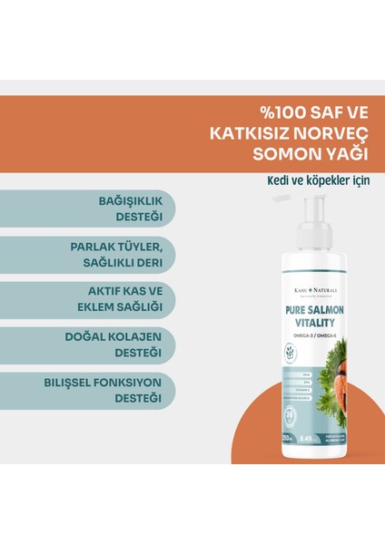 Pure Salmon Vitality %100 Doğal Norveç Somon Balık Yağı, Omega 3 ve 6, E Vitamini, Kedi ve Köpek, 250 ml