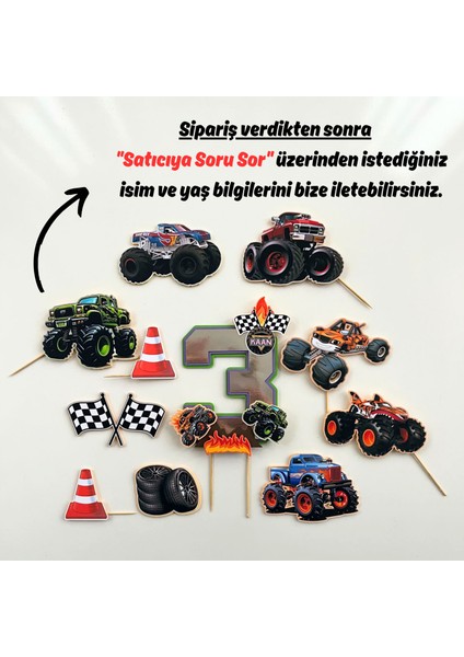 Canavar Kamyon Temalı Erkek Çocuk Doğum Günü Isme Özel 3D Pasta Parti Süsü Seti