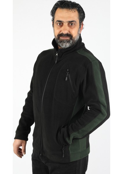 Şeritli Fermuarlı Polar Siyah