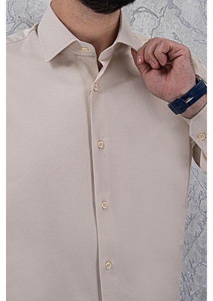 Erkek Slim Fit Uzun Kol Bej 6 Drop Gömlek