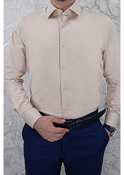 Erkek Slim Fit Uzun Kol Bej 6 Drop Gömlek