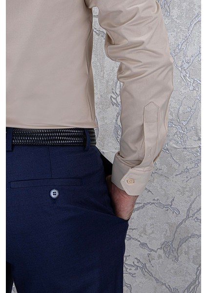 Erkek Slim Fit Uzun Kol Bej 6 Drop Gömlek