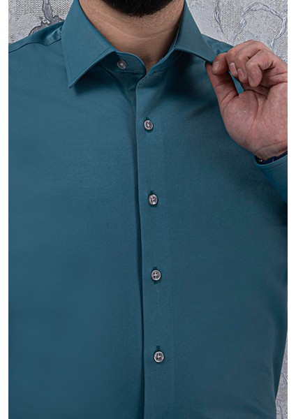 Erkek Slim Fit Uzun Kol Petrol 6 Drop Gömlek