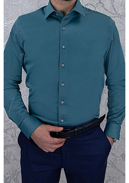 Erkek Slim Fit Uzun Kol Petrol 6 Drop Gömlek