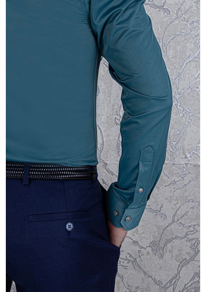 Erkek Slim Fit Uzun Kol Petrol 6 Drop Gömlek