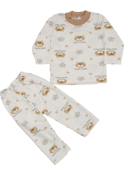 Erkek Çocuk Beyaz Kahve Yıldızlı Ayılı Desenli 2'li Pijama Takımı - 1015498