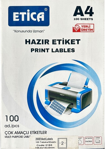 2 Paket Etica Hazır Laser Etiket A4 100 Sayfa 199,6 mm x 143,5 mm 2'li (CODE:3183)