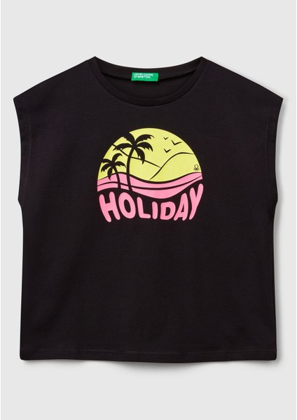Kız Çocuk Sarı Grafik Baskılı Kısa Kollu T-Shirt