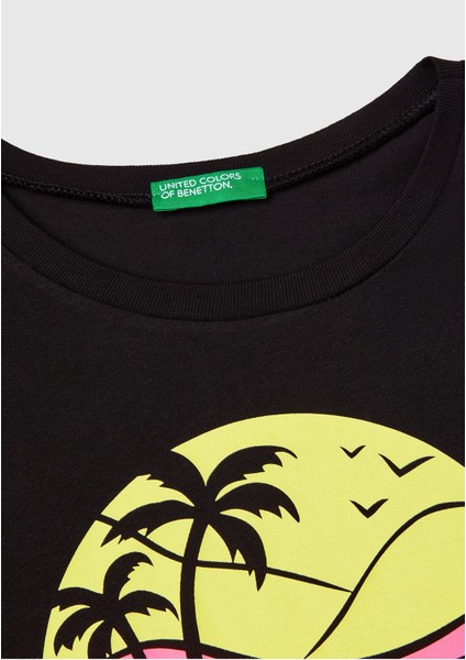 Kız Çocuk Sarı Grafik Baskılı Kısa Kollu T-Shirt