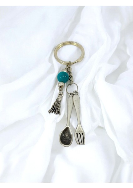 Zincirli Turkuaz Doğal Taşlı Metal Püsküllü Minyatür Kaşık Çatal Anahtarlık, Minyatür Anahtarlık