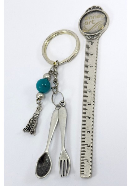 Zincirli Turkuaz Doğal Taşlı Metal Püsküllü Minyatür Kaşık Çatal Anahtarlık, Minyatür Anahtarlık modelleri