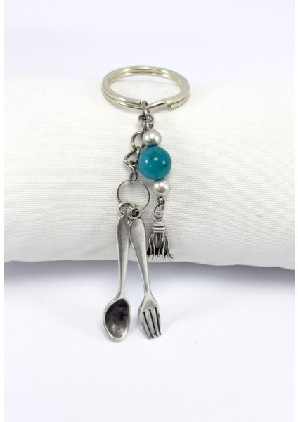 Zincirli Turkuaz Doğal Taşlı Metal Püsküllü Minyatür Kaşık Çatal Anahtarlık, Minyatür Anahtarlık fırsatları