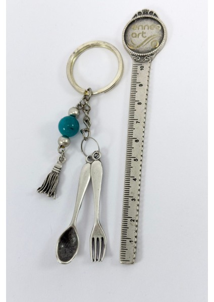 Zincirli Turkuaz Doğal Taşlı Metal Püsküllü Minyatür Kaşık Çatal Anahtarlık, Minyatür Anahtarlık indirimleri
