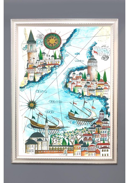 Istanbul Haritası Desenli Çerçeveli Duvar Tablosu 50X70CM OSMN06