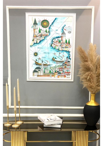 Istanbul Haritası Desenli Çerçeveli Duvar Tablosu 50X70CM OSMN06