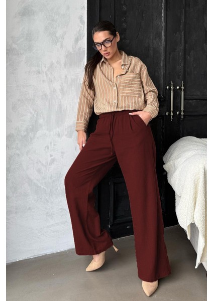 Bordo Beli Büzgülü Wide Leg Kumaş Pantolon MG1950