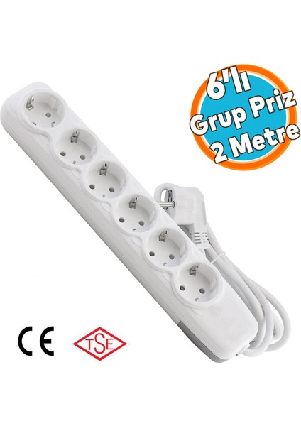 Kablolu Topraklı Grup Priz Fiş 6'lı Çoğaltıcı 2 Metre Çoklu Asmalı Uzatma Kablosu Anahtarsız