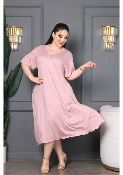 Bambu V Yaka Dantel Detaylı Eteği Kloş Elbise Büyük Beden 6xl