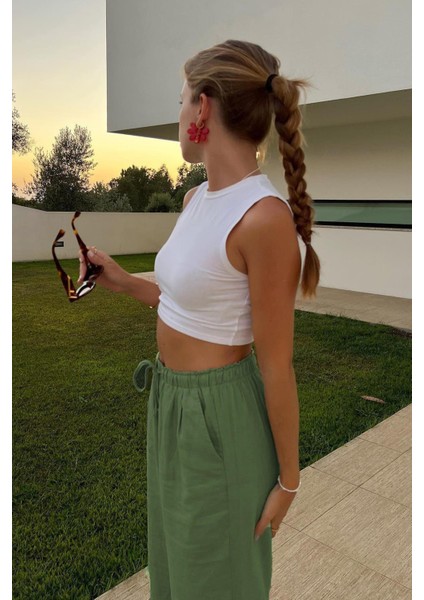 Haki Beli Büzgülü Wide Leg Kumaş Pantolon MG1950 indirimleri