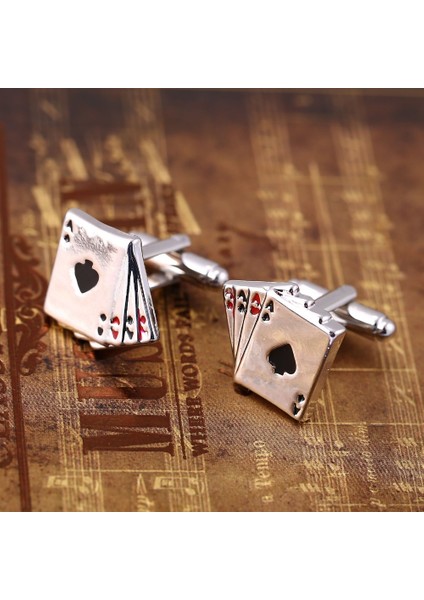 4A Poker Kol Düğmeleri Erkek Fransız Gömlek Kol Düğmeleri Kartları Tasarım Kol Düğmesi Moda Erkekler Için (Gümüş) (Yurt Dışından)