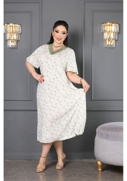 Bambu Dantel Detaylı Kloş Büyük Beden Elbise 6xl