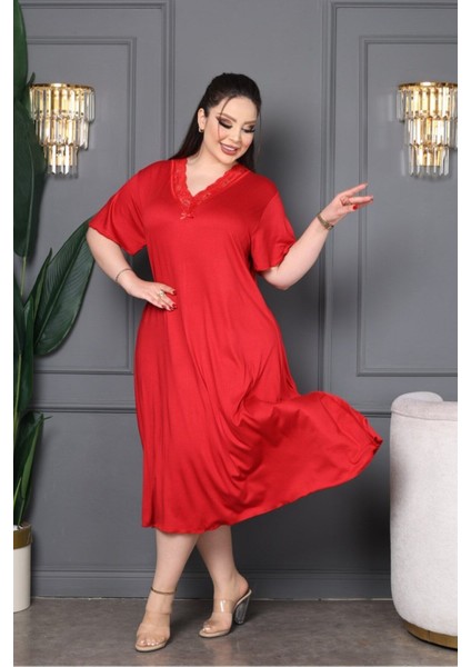 Bambu V Yaka Dantel Detaylı Eteği Kloş Elbise Büyük Beden fiyatları
