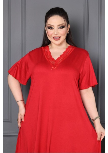 Bambu V Yaka Dantel Detaylı Eteği Kloş Elbise Büyük Beden fırsatları