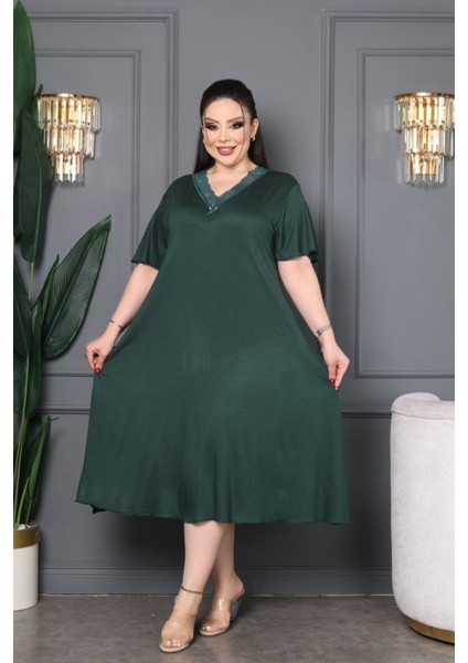 Bambu V Yaka Dantel Detaylı Eteği Kloş Elbise Büyük Beden 6xl fırsatları