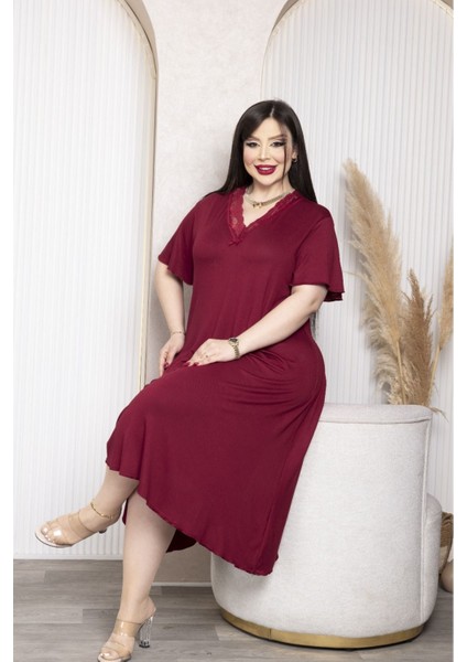 Bambu V Yaka Dantel Detaylı Eteği Kloş Elbise Büyük Beden 6xl fırsatları