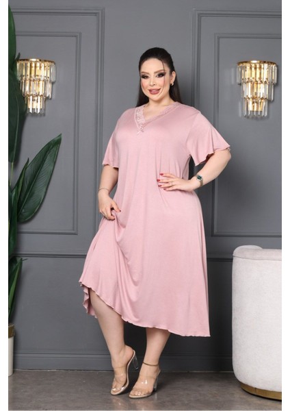 Bambu V Yaka Dantel Detaylı Eteği Kloş Elbise Büyük Beden 6xl modelleri