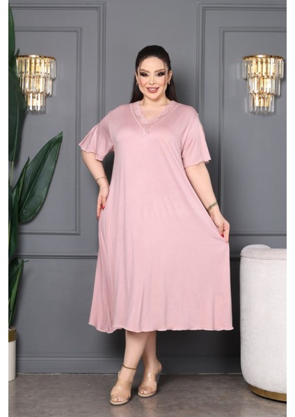 Bambu V Yaka Dantel Detaylı Eteği Kloş Elbise Büyük Beden 6xl fırsatları