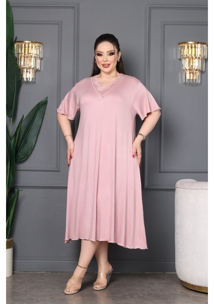 Bambu V Yaka Dantel Detaylı Eteği Kloş Elbise Büyük Beden 6xl indirimleri